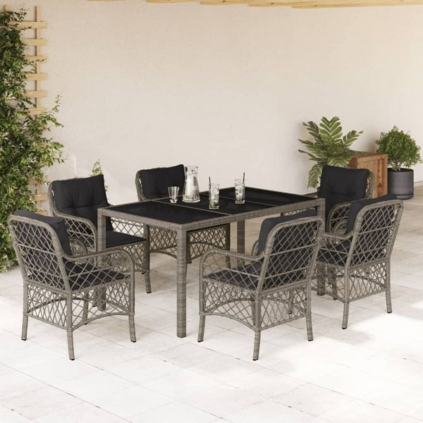 vidaXL 7-tlg. Garten-Essgruppe mit Kissen Grau Poly Rattan, 3212033