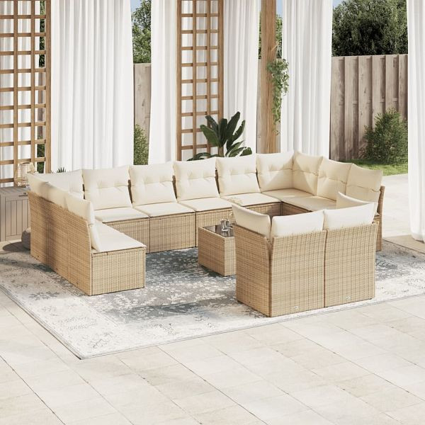 vidaXL 13-tlg. Garten-Sofagarnitur mit Kissen Beige Poly Rattan, 3218438