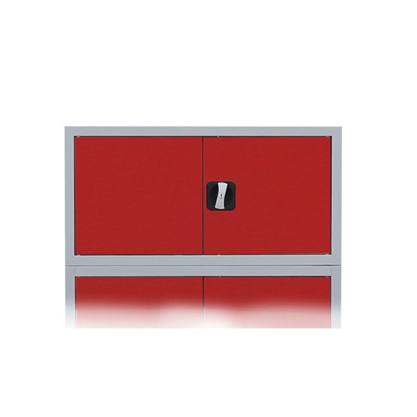 Lüllmann Aufsatzschrank mit Flügeltüren und Zylinderschloss mit Drehgriff, 450 x 800 x 383 mm, lichtgrau/feuerrot, 531114