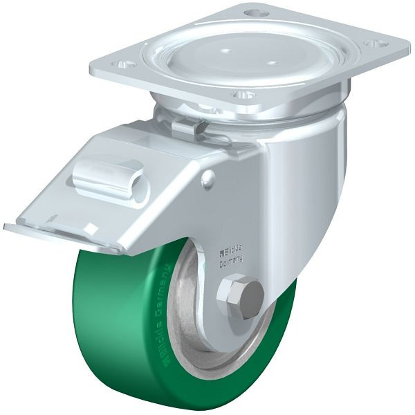 Blickle LU-GST 127K-FI Stahlblech-Lenkrolle, schwere, geschlossene Ausführung, mit Anschraubplatte & Feststeller, Blickle Softhane®, Grün, 755100
