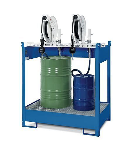 DENIOS Ölstation DPO-2, Wanne, 2 Druckluftpumpen, Schlauchaufroller 10 m, 201601
