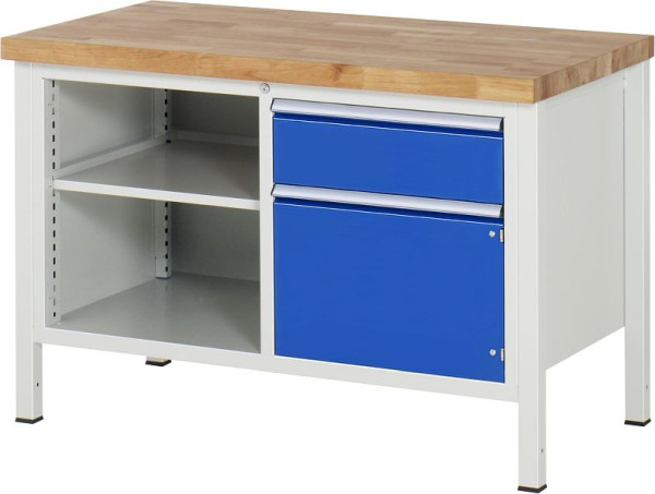 RAU Werkbank Serie 8000 - Gestell-Bauweise (Schweißgestell), 1x Fachboden, 1x Schublade, 1x Flügeltür, 1250x840x700 mm, 03-8461A2-127B4S.11