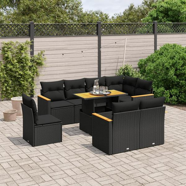 vidaXL 9-tlg. Garten-Sofagarnitur mit Kissen Schwarz Poly Rattan, UV-beständig, 3273169