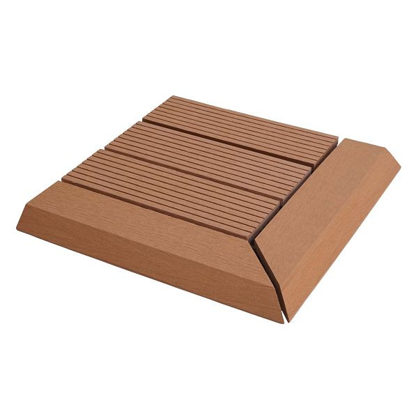 Mendler WPC Eck-Bodenfliese Rhone + Abschluss, Holzoptik Terrasse, 30x30cm Premium, Ecke rechts, teak linear, 77615