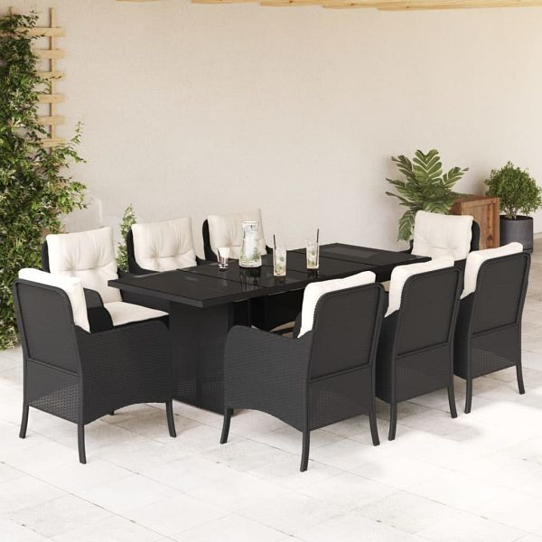 vidaXL 9-tlg. Garten-Essgruppe mit Kissen Schwarz Poly Rattan, 3211879
