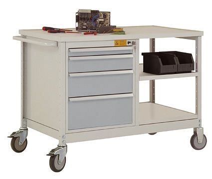 Manuflex ESD-Mobile Werkbank Modell 2 mit Schubfächer und Einlegeböden, BxTxH 1135 x 590 x 805 mm, Alusilber, LW1001.9006