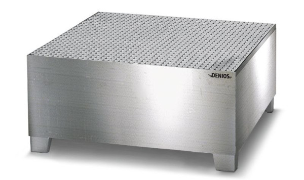 DENIOS Auffangwanne aus Edelstahl für 4 Fässer à 200 Liter, 1260 x 1342 x 390 mm, mit Gitterrost, 328446