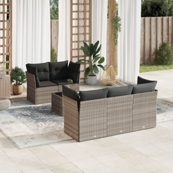 vidaXL 6-tlg. Garten-Sofagarnitur mit Kissen Hellgrau Poly Rattan, 3217252