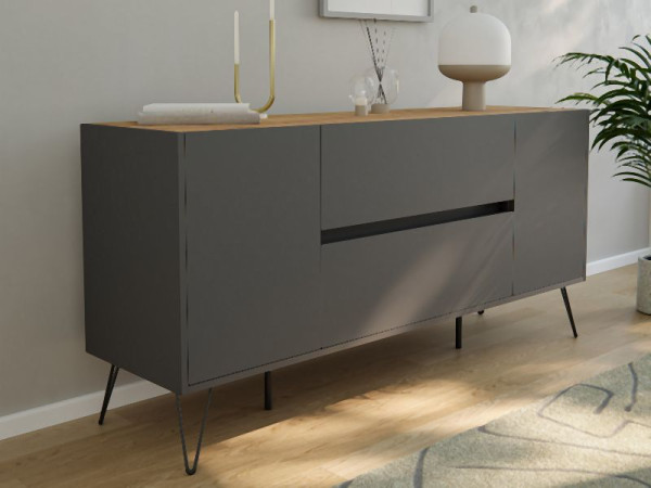 Posseik Sideboard Industrial G 155cm 2 Schubladen 2 Türen Grafit/Eiche Top, PN2084X0000058DE