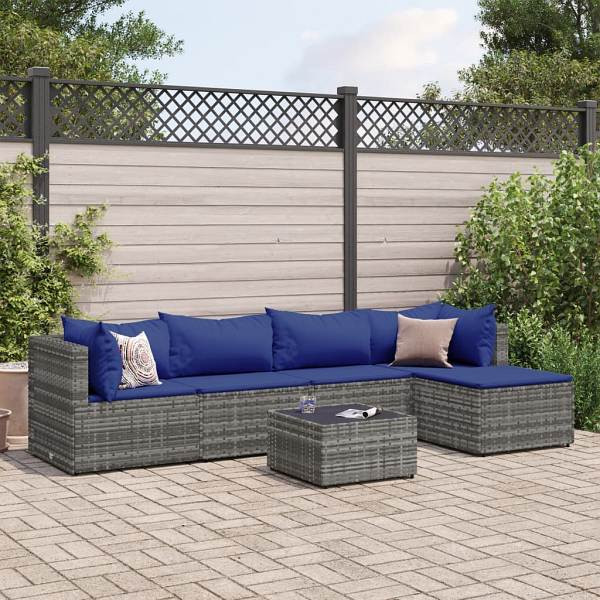 vidaXL 6-tlg. Garten-Lounge-Set mit Kissen Grau Poly Rattan, UV-beständig, 3308071