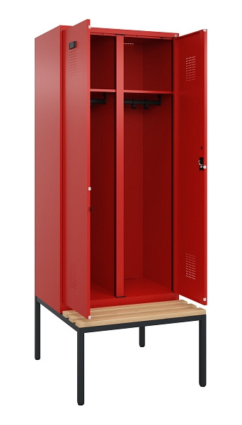 C+P Schwarz-Weiß-Spind Evolo PLUS, Bank, 2 Abteile, 2120x800x815mm, 3020/3020, Zylinderschloss, Sitzfläche Buche-Hartholz, Sitzbank, 0490527-22 S10052