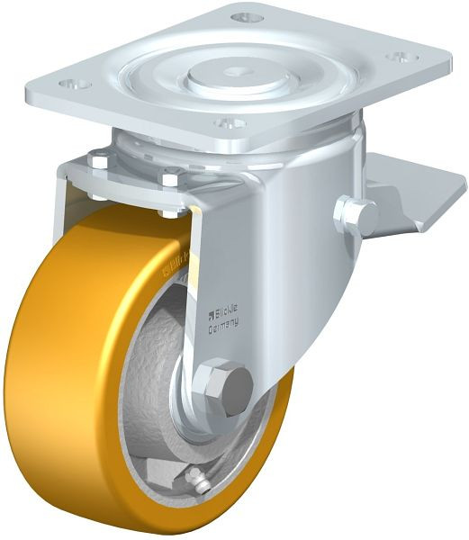 Blickle LH-GTH 127K-ST Stahlblech-Lenkrolle, Schwerlast-Ausführung, mit Anschraubplatte & Feststeller, Blickle Extrathane®, Hellbraun, 293183