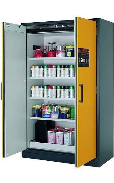 asecos Sicherheitsschrank Q-CLASSIC-90, Q90.195.120.FU.WDC in sicherheitsgelb RAL 1004 mit 4x Fachboden (Stahlblech), 34632-040-34758