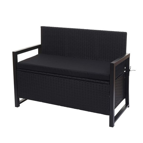 Mendler Poly-Rattan 2er Sitzbank HWC-F39, Gartenbank Truhenbank, Staufach Aufbewahrung Sitzkissen, anthrazit, Kissen schwarz, 76087