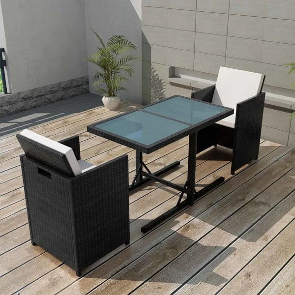 vidaXL 3-teilig Bistro-Set mit Kissen Poly Rattan Schwarz, 42539