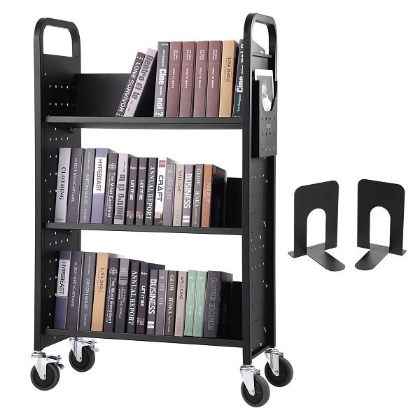 VEVOR Bibliothekswagen 790x385x1250mm 3 Regale 150 kg Gewichtskapazität (50 kg pro Regal) inkl. 2 Buchstützen, VXTSGTCHS330WDUI5V0