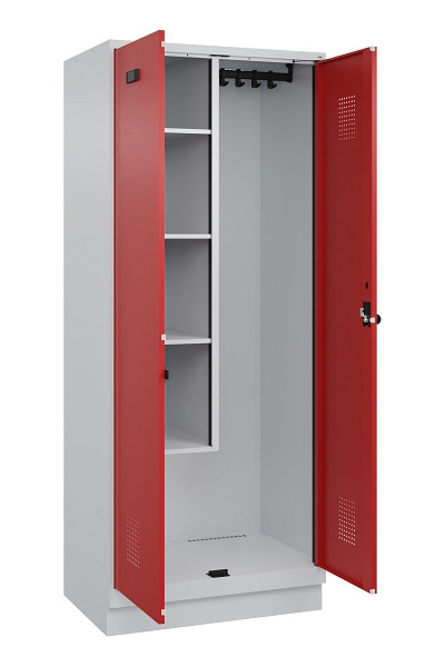 C+P Putzmittel-Spind Evolo PLUS, mit Sockel, 2 Abteile, 1950x800x500mm, 7035/300, Frontfarbe RAL 3000 feuerrot, Drehriegel, 049120-02 S10003