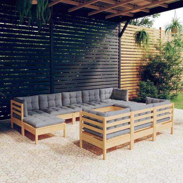 vidaXL 10-teilig Garten-Lounge-Set mit Grauen Kissen Kiefer Massivholz, 3097138