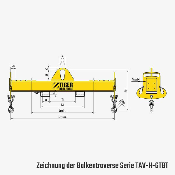 TIGER Hebezeuge Balkentraverse für Stapler - TAV-H-GTBT, Traglast: 5.000 kg, Hakenabstand (L): 1.400-3.000 mm, TAV-H-5-3-GTBT-05