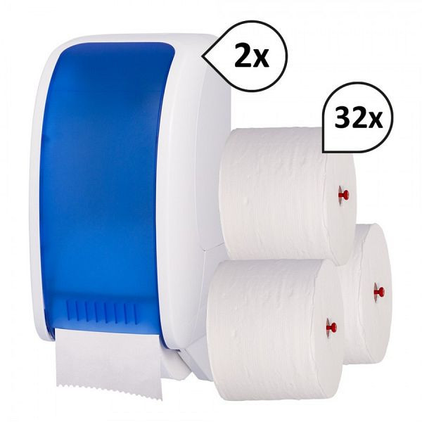 Produktbild von Blanc Hygienic SET: 2x Toilettenpapierspender Doppelrollen Blanc Cosmos + 32 Toilettenpapierrollen Long Life 3L, Farbe: blau/weiß, PS-THR3503-2200WB Blanc Hygienic SET: 2x Toilettenpapierspender Doppelrollen Blanc Cosmos + 32 Toilettenpapierrollen Long Life 3L, Farbe: blau/weiß, PS-THR3503-2200WB