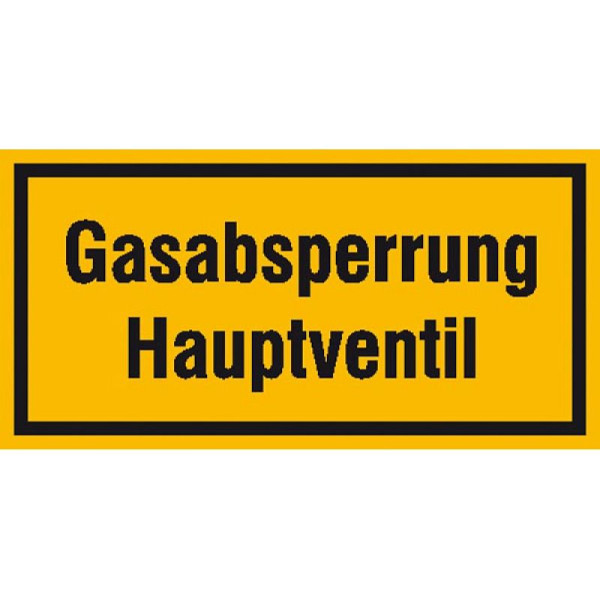 Stein HGS Hinweisschild zur Betriebskennzeichnung, Gasabsperrung Hauptventil, 200x100mm/Folie, selbstklebend, 21.5853
