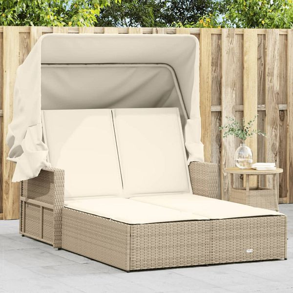 vidaXL Doppel-Sonnenliege mit Dach und Auflagen Beige Poly Rattan, 365810