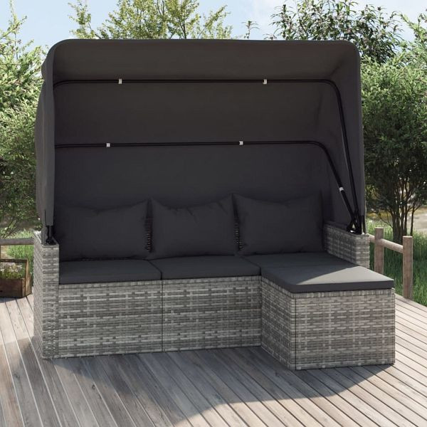 vidaXL 3-Sitzer-Gartensofa mit Dach und Fußhocker Grau Poly Rattan, 362335