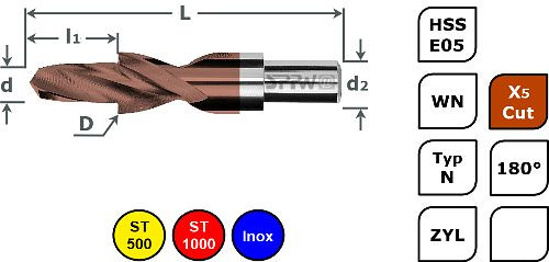 SPPW Kurzstufenbohrer HSS-E05+X5Cut 180° L: 110x28 Ø14x20 - M12, 1234171200