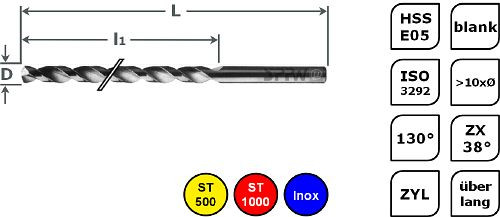 SPPW Spiralbohrer überlang HSS-E05 >10xØ ZX38° L: 200x150 Ø7,0, 4113000700