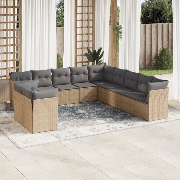 vidaXL 11-tlg. Garten-Sofagarnitur mit Kissen Beige Poly Rattan, 3217879