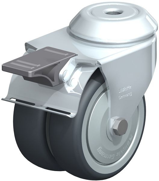 Blickle LMDA-TPA 75K-FI-FK Apparate-Doppel-Lenkrolle mit Rückenloch & Feststeller, Thermoplastisches Gummi-Elastomer, Grau, 574525