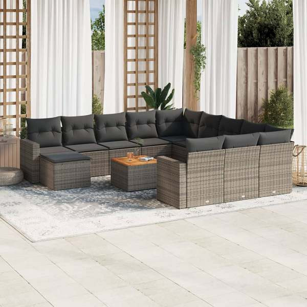 vidaXL 13-tlg. Garten-Sofagarnitur mit Kissen Grau Poly Rattan, UV-beständig, 3256760