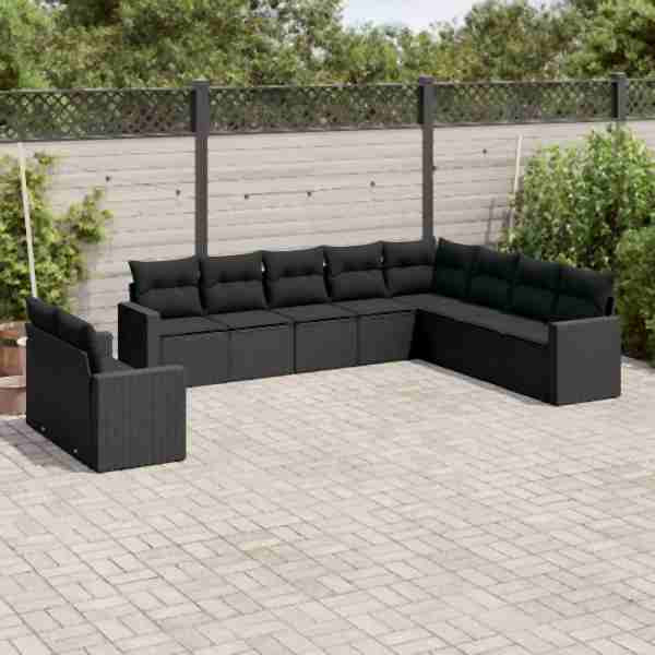 vidaXL 10-tlg. Garten-Sofagarnitur mit Kissen Schwarz Poly Rattan, UV-beständig, 3219155