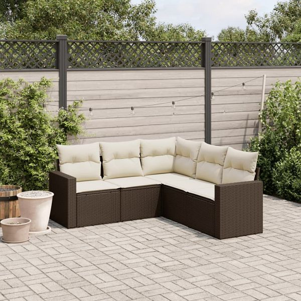 vidaXL 5-tlg. Garten-Sofagarnitur mit Kissen Braun Poly Rattan, 3251290