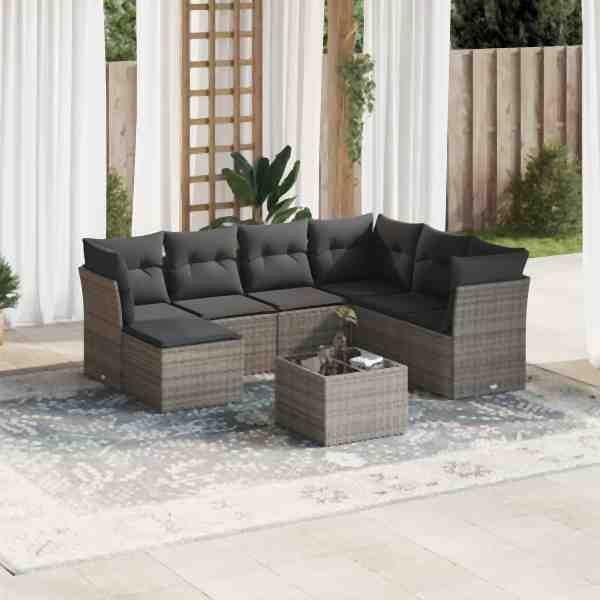 vidaXL 8-tlg. Garten-Sofagarnitur mit Kissen Grau Poly Rattan, UV-beständig, 3218000