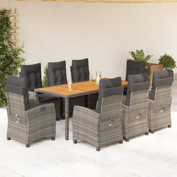 vidaXL 9-teilig Garten-Essgruppe mit Kissen Grau Poly Rattan, 3212678