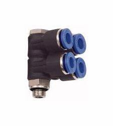 Riegler L-Mehrfachverteiler mit Außensechskant, 4-fach, drehbar, Außengewinde zylindrisch mit O-Ring (NBR), 109696