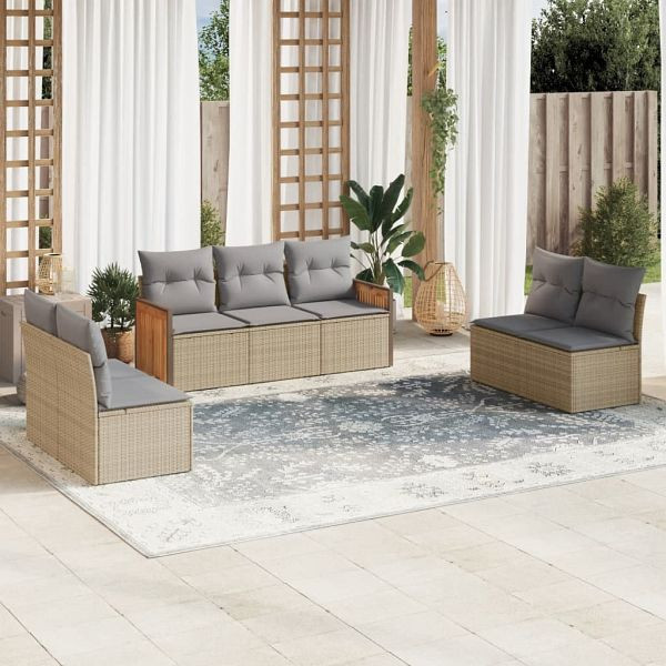 vidaXL 7-teilig Garten-Sofagarnitur mit Kissen Beige Poly Rattan, 3259959