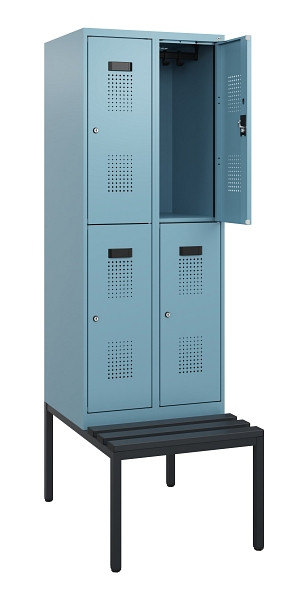 C+P Doppelstöckiger Spind Evolo PLUS, Bank, 4 Fächer, 1950x600x815mm, 0010/0010, Zylinderschloss, Sitzfläche Kunststoff, Sitzbank, 0493505-20 S10156