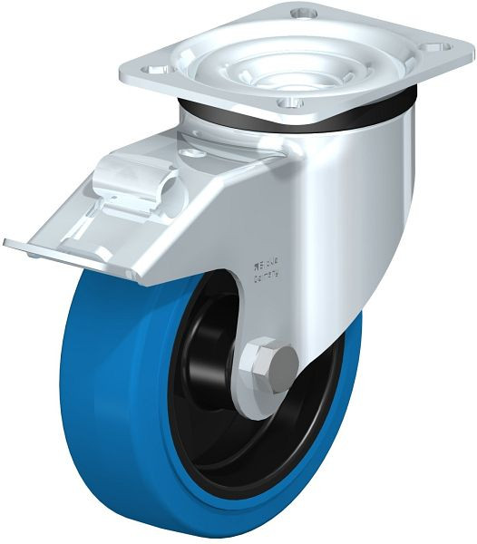 Blickle LK-POEV 125XR-1-FI-SB Stahlblech-Lenkrolle, schwere Ausführung, mit Anschraubplatte & Feststeller, Elastik-Vollgummi, Blau, 851060