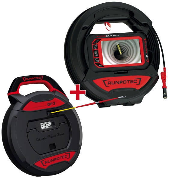 Runpotec RC3 Inspektionskamera, 15 m, dimmbare LEDs (Front 8 x LED, Seite 1 x LED ), + GF3 Glasfaserstab Ø 3 mm, 30 m, Gesamtbruchlast 130 kg, 11150