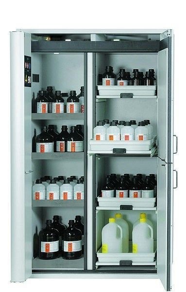 asecos Kombi-Sicherheitsschrank K-PHOENIX Vol.2-90, K90.196.120.MF.FWAC in lichtgrau RAL 7035 mit 3x Fachboden (Edelstahl), 30334-001-30338