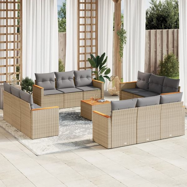 vidaXL 13-teilig Garten-Sofagarnitur mit Kissen Beige Poly Rattan, 3225842