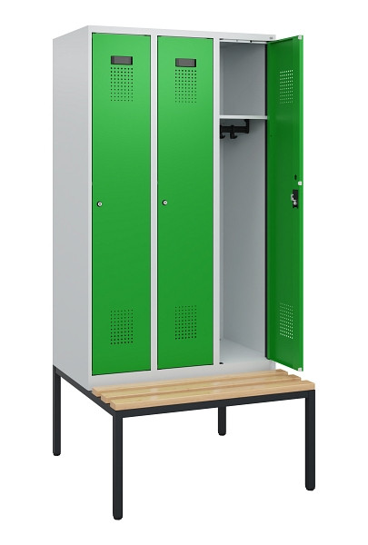 C+P Spind Evolo PLUS, 3 Abteile, 1950x900x815mm, 7035/6037, Zylinderschloss, Sitzfläche Buche-Hartholz, Sitzbank, 0490505-30 S10038