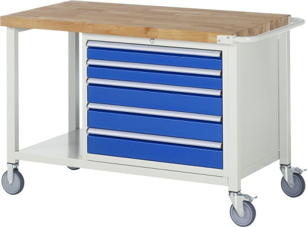 RAU Fahrbare Werkbank 8000 - Modell 8271, B1250 x T700 x H880-1080 mm, Unterbau-Container rechts, 5x Schubladen: 2xH90, 3xH120 mm, 05-8271A6-127B4H.11
