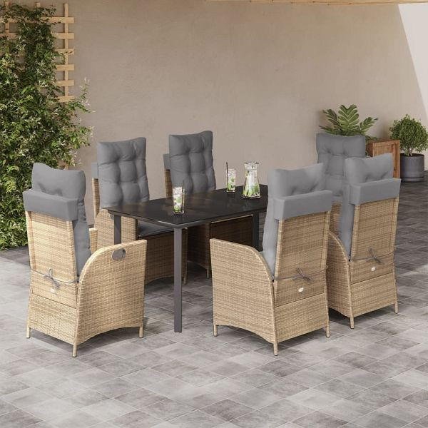 vidaXL 7-tlg. Garten-Essgruppe mit Kissen Beige Poly Rattan, 3213269