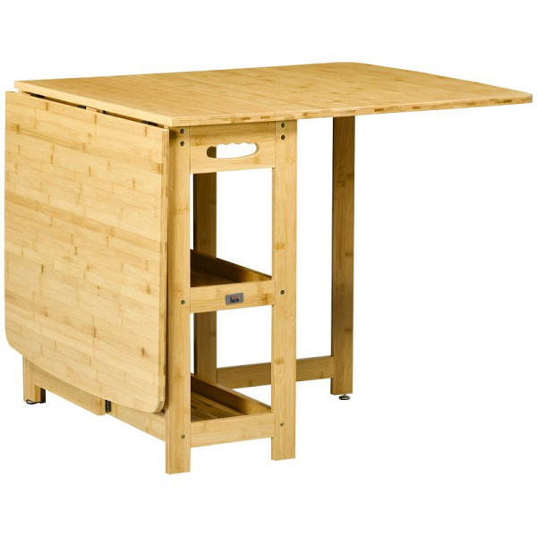 HOMCOM Klapptisch, Esstisch, zwei klappbare Seiten, zwei Ablagen, verstellbare Füße, Bambus, 149,5 x 80 x 73,5cm, 835-700V00ND