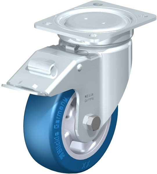 Blickle LU-ALBS 150K-FI Stahlblech-Lenkrolle, schwere, geschlossene Ausführung, mit Anschraubplatte & Feststeller, Blickle Besthane® Soft, Blau, 755074