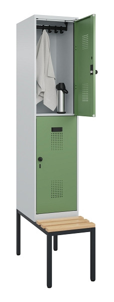 C+P Doppelstock-Spind Evolo PLUS, Bank, 2 Fächer, 2120x400x815mm, 7035/6011, Drehriegel, Sitzfläche Buche-Hartholz, Sitzbank, 0493507-12 S10010
