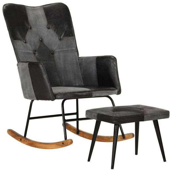 vidaXL Schaukelstuhl mit Hocker Schwarz Echtleder und Canvas, 339710